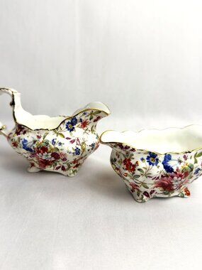 Hammersley Vintage Bone China Creamer & Sugar England Chintz Floral Signed